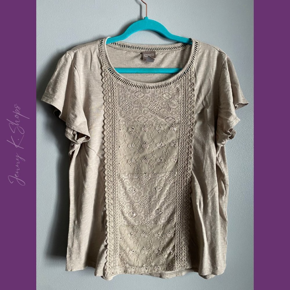 Chicos | Soft and Lightweight Tan Embroidered Short Sleeve Blouse | Size: 2XL